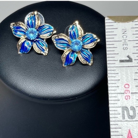 Fashion Jewelry Blue Floral Bling Rhinestone Necklace Earrings Set Unsigned #245 - Picture 5 of 12